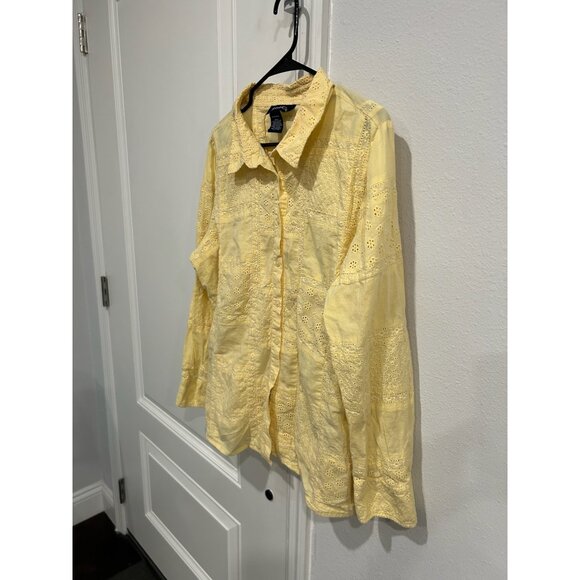 Denim & Co Eyelet Patchwork Button Front Shirt Yellow Sz XL Long Sleeve Boho - Picture 3 of 9